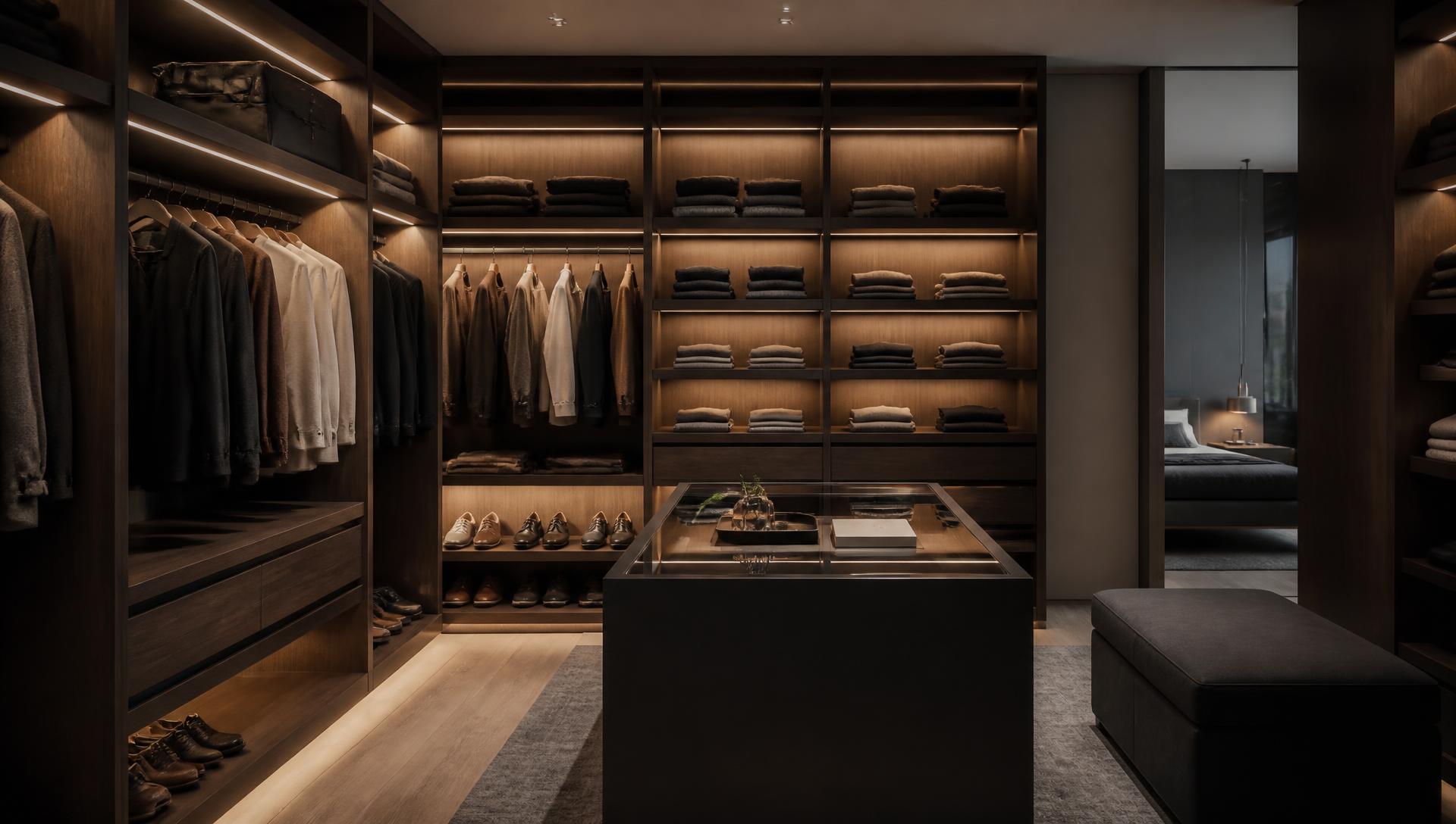 Closet planejado com prateleiras iluminadas e acabamento premium